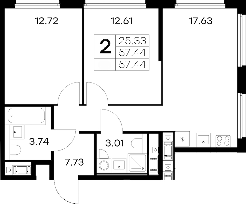 2-комнатная квартира 57.44 м², 12/18 эт., ЖК «Glorax City Василеостровский»